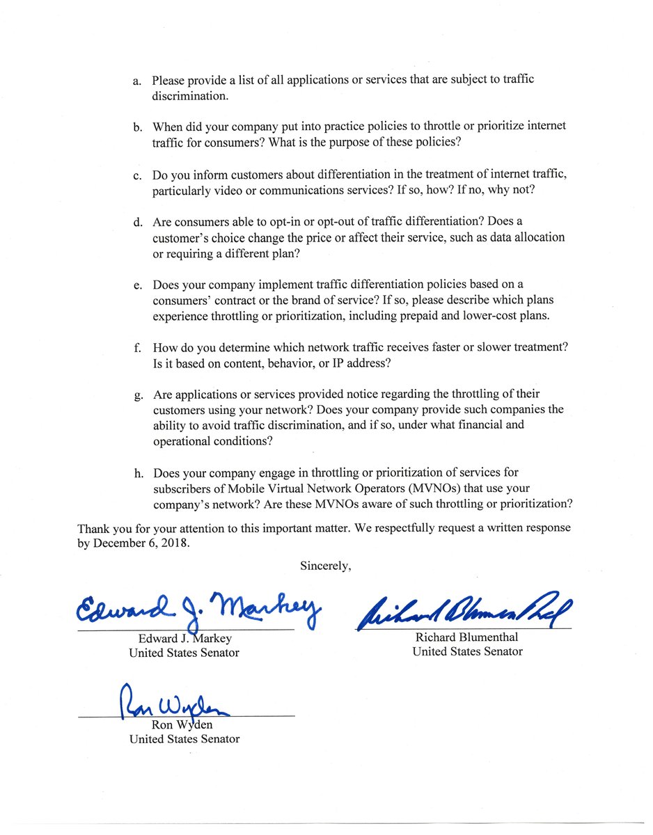 SenBlumenthal's tweet image. .@ATT, @verizon, @sprint, &amp;amp; @TMobile seem to be forgetting a core principle of #NetNeutrality—it’s wrong to discriminate against internet traffic based on who is sending or receiving it. @SenMarkey, @RonWyden, &amp;amp; I are making sure content isn&apos;t being slowed to advantage providers.