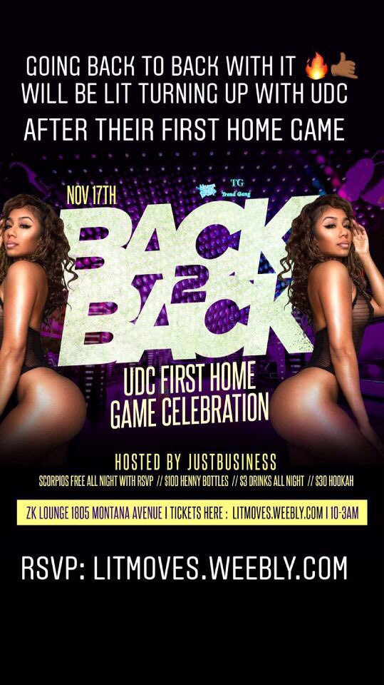 JustBusinessE's tweet photo. Fri 11/16: F*CK IT LETS PARTY- UDC OFFICIAL HOMECOMING PARTY🔥🎉🍾
The WAVE GOING UP TIL 3am 🌊
Ladies 🆓 Til 11:30

Sat 11/17: #BACK2BACK - #UDC FIRST HOME GAME CELEBRATION 🏀🔥🍾
Scorpios 🆓 w/ RSVP

$3 Drinks ALL NIGHT🥂

📍ZK Lounge
🎟: https://t.co/sbSlN9yHuO https://t.co/0OWrxLY6J3