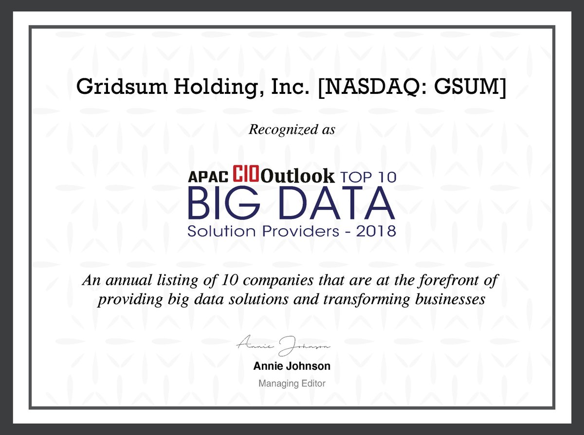 Gridsum's tweet photo. We are honored to be awarded Top 10 Big Data Solution Providers in 2018 by @APACCIOoutlook. Click the link to see our CTO, John Liu’s interview and learn more about us. #GSUM $GSUM #BigData  https://t.co/kJFS7nboVQ https://t.co/WKkaxDiOGL