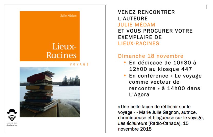 1e apparition médiatique pour Lieux-Racines !!! 
« Une belle façon de réfléchir sur le voyage » selon <a href="/technomade/">Сергей Македон</a> <a href="/leseclaireurs/">Les éclaireurs</a> <a href="/icircpremiere/">ICI Première</a> 
bit.ly/2RTjl5e (à 2 min 30)
Venez me voir <a href="/salonlivremtl/">Salon du livre de Montréal</a> ce dimanche 18 novembre 2018 !