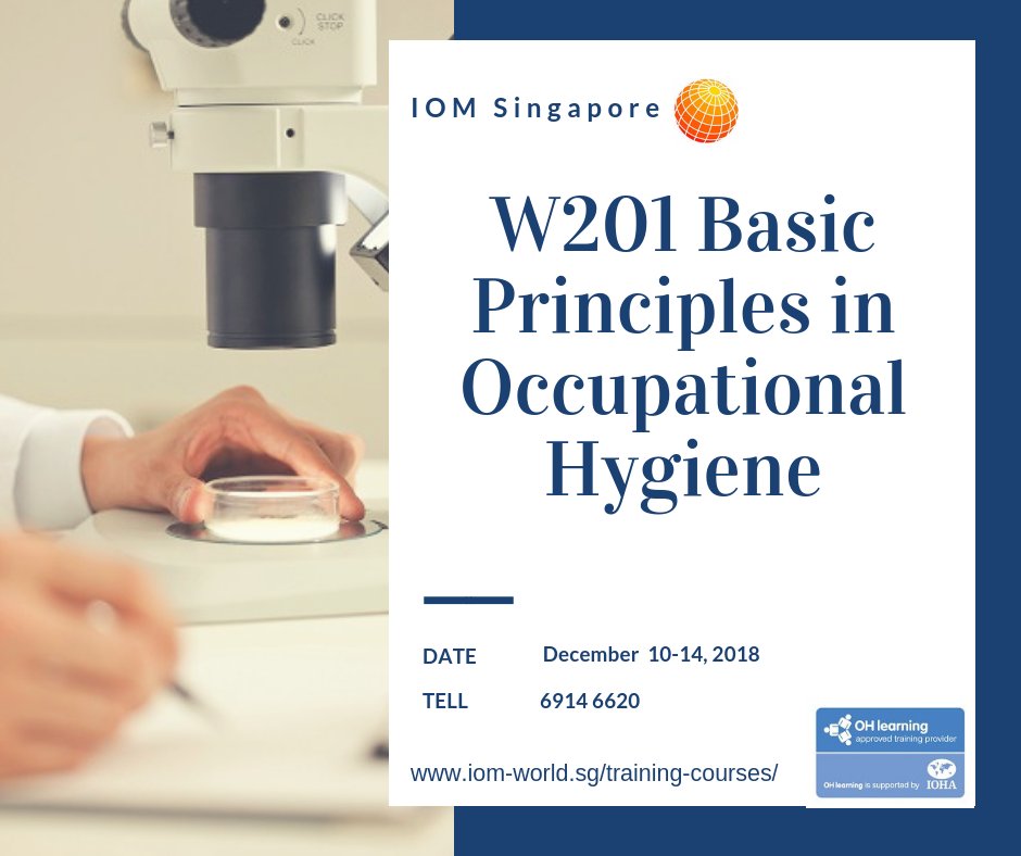 IEH_SG's tweet photo. IOM Singapore will be conducting W201 Basic Principles in Occupational Hygiene on the 10-14 December 2018 at 9:00am-18:00pm.
Still available to book your place.
Register now and course information, visit: https://t.co/QpTrzXPO2Q
#IOMSingapore #WSHtraining #BOHS #IOMtraining https://t.co/GBrgHnVK8w