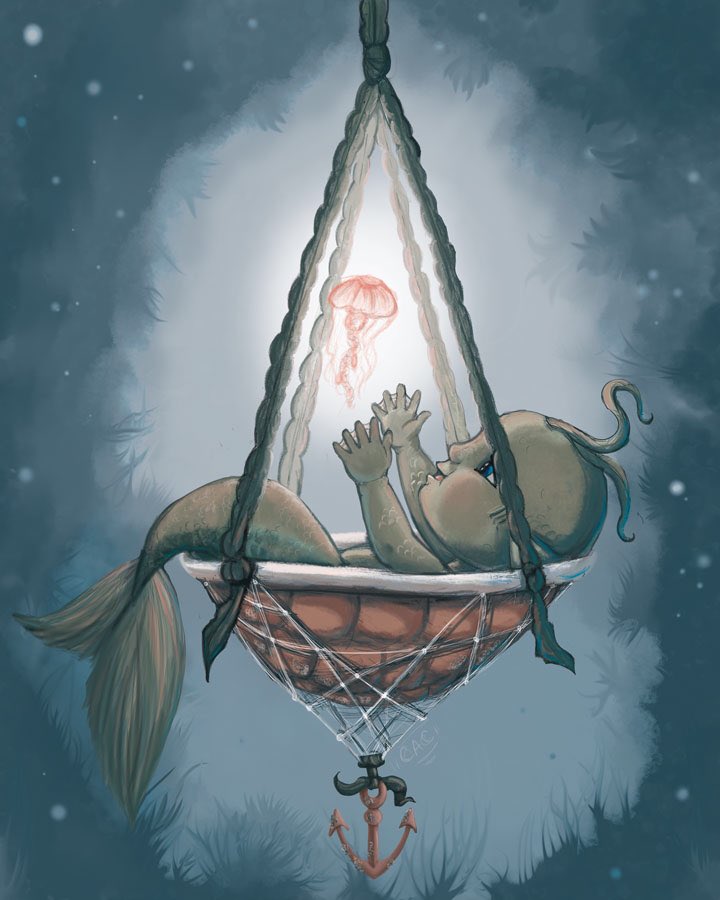 samianneart's tweet photo. Rock-a-bye Merbaby. I finally got the colours done on this #mermay prompt I liked so much. Completed on Twitch were I broadcast Tuesday and Thursday (@samianneart there, too). #merbaby #mermaid #rockabyebaby #shell #jellyfish #digitalart #printavailable #ottawart #ottawaartist https://t.co/XzIVvB2Oi7