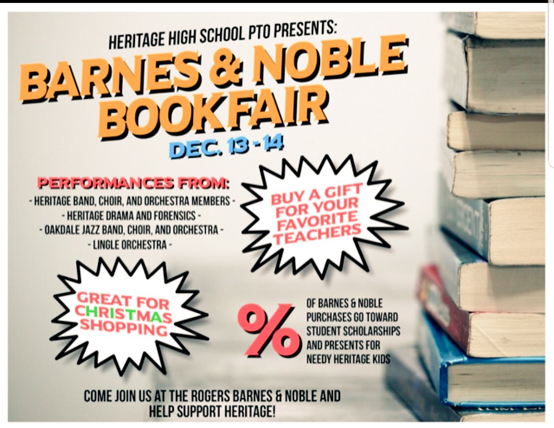 RogersHeritage's tweet photo. The Barnes and Noble Heritage Book Fair is coming up on December 13-14! Buy your favorite teacher a book (or two) from their “wish list” and a portion of the proceeds will go back to Heritage! 

#teacherslovebooks #supportyourPTO https://t.co/hVwycvp7Jb