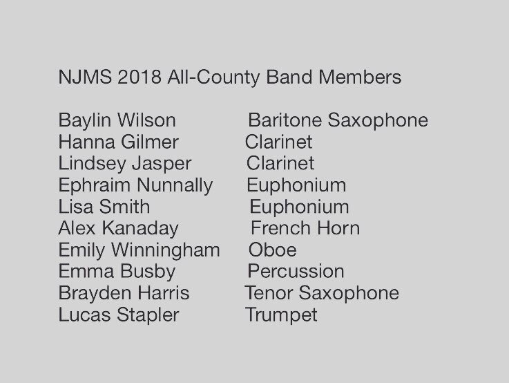 njmsband's tweet photo. Congratulations to our NJMS All-County students! Your performance tonight was beautiful! #ourband @NJMSMiddle @JefcoedArts @JEFCOED @NJMS_MrH https://t.co/OseIxYepmT