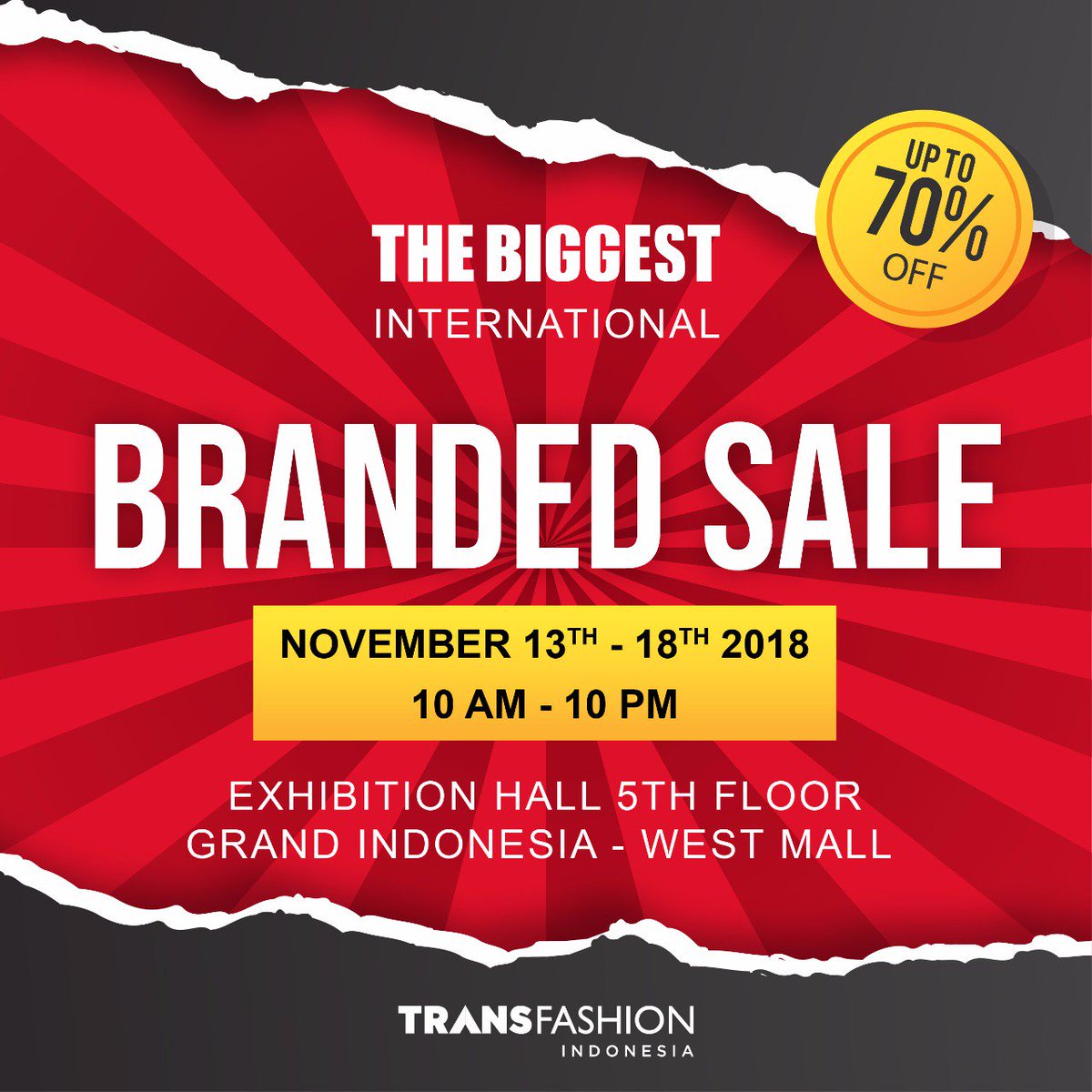 Masih ada kesempatan sampai 18 November lho untuk #CTCorp Friends yang lagi nyari barang-barang branded seperti Furla, Geox, Salvatore Ferragamo, dan lainnya.

Yuk segera kunjungi Grand Indonesia, exhibition hall lantai 5.