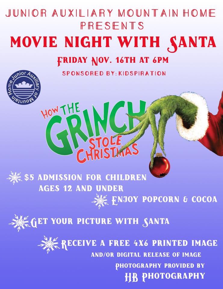 ja_mountainhome's tweet photo. Don’t miss Junior Auxiliary’s Movie Night with Santa 🎅🏻 tomorrow @ The Sheid sponsored by Kidspiration. We can’t wait to see all the kiddos get their pictures with Santa by HB Photography. https://t.co/3laIk4rcxf