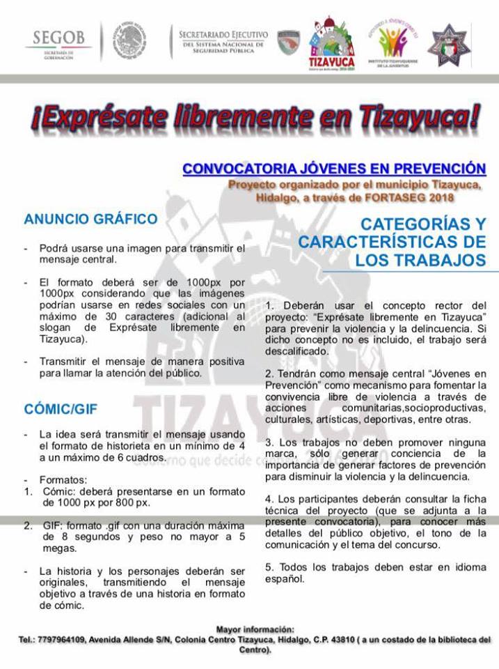 tizayuca2016's tweet photo. El Ayuntamiento de @tizayuca2016 a través del Programa de @FORTASEG2018 y en coordinación con el Instituto Tizayuquense de la Juventud, llevará cabo el concurso denominado “Exprésate libremente en Tizayuca”. https://t.co/R8HGfeXkNe
