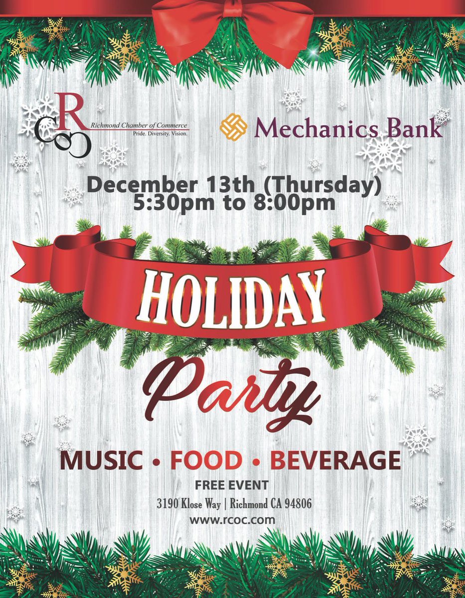 RichmondCOC's tweet photo. Come party with us #RichmondCA! 
Celebrate the Holiday Season and end of 2018 at our annual Holiday Party - December 13th, 2018. 
A special thank you to @mechanicsbank  for hosting this fun filled event with us!

https://t.co/FnJLBMIsHf

#HappyHolidays https://t.co/N32GLiwRdw