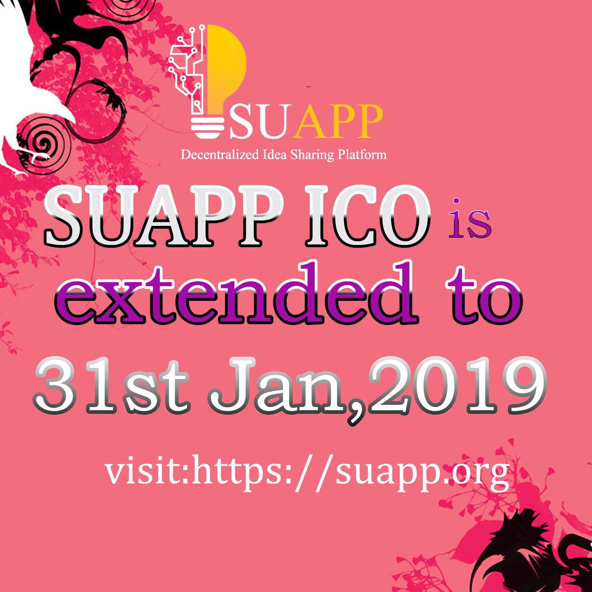 SUAPP1's tweet photo. Great News! #SUAPP Token sales has been extended till January 31st, 2019.
There is still time to participate, please visit https://t.co/KDciF8xzRF to purchase SUT Token @ $0.025 + 15% Bonus Now.
https://t.co/KLj7lYJCRm
#Idea Sharing #SUT #ICO #Reward #Education #Crowdfunding https://t.co/MhGKL2VOY5