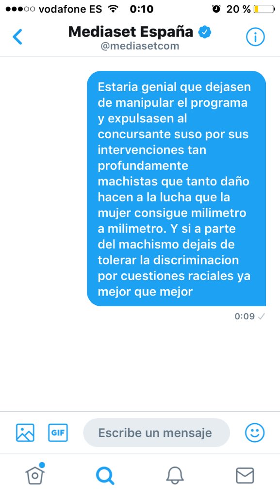 Todos a petar el twitter de <a href="/mediasetcom/">Mediaset España</a> con mensajitos sobre lo que se permite en la academia. JUNTOS SOMOS FUERTEs  #SomosLaAudiencia15N 
#GHVIPGala10
