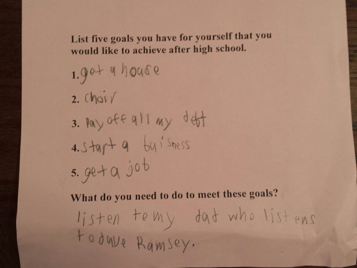 jeffmathews24's tweet photo. @RamseyShow @DaveRamsey So my son's 5th grade teacher had her students write goals for themselves.  This is what he wrote.  I guess he IS listening. 2nd generation going strong. https://t.co/B32LK1mcj9