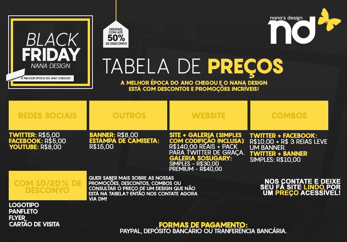 nanasdsgn's tweet image. 🦋BLACK FRIDAY NANA DESIGN🦋
A Black Friday aqui no Nana Design já começou!
🖥️Portfólio: nanasdesign.sosugary.org
💳Pagamento por Paypal ou Depósito bancário. 
💡Faça seu orçamento conosco e deixe o seu fã-site lindo!
⬇️Veja todos os nossos descontos e promoções no banner abaixo: