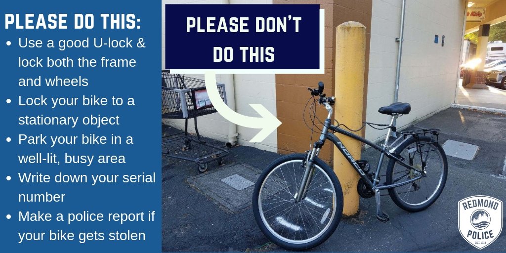 RedmondWaPD's tweet photo. Thieves are stealing bikes around town. We recommend taking precautions to make sure yours isn't one of them. Having photos and serial numbers of your bike helps us get stolen property back to rightful owners if it's found. #CrimePrevention #KeepYourStuff #LockItKeepIt https://t.co/uNDKzr8jyZ