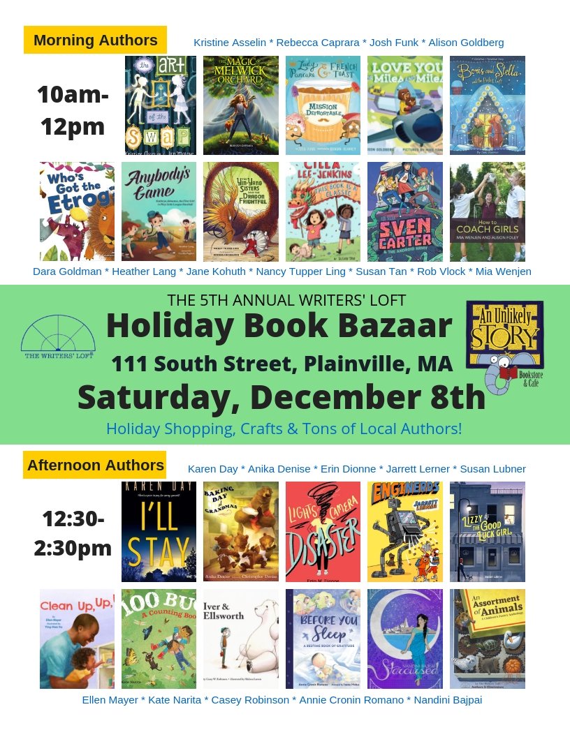 writersloftma's tweet photo. Our annual Holiday Bazaar at An @Unlikely__Story will take place on Saturday, 12/8 from 10-2:30 featuring a score of local lofter authors like: @KristineAsselin @RebeccaCaprara @joshfunkbooks @alisongoldberg @DaraGoldman @hblang @janekohuth @SusanSMTan @robvlock &amp; @pragmaticmom! https://t.co/GMusLYJAks