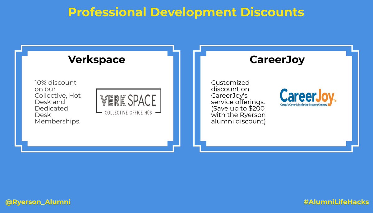 alumnitmu's tweet photo. For your professional development needs, your Ryerson alumni benefits have you covered with great savings. Check out @join_verkspace and #CareerJoy: https://t.co/UjcM5DrSRO #AlumniLifeHacks @RyersonU https://t.co/r88W9prLc1