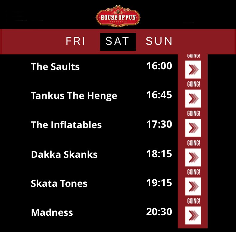 SkataTones's tweet photo. So here's the running order for Saturday on Pavilion stage @ #HouseOfFun #Weekender we're stoked to be on the same bill as @MadnessNews alongside #Saults @tankusthehenge @InflatablesSka @DakkaSkanks - what a lineup!
#skankathon #LiveYourLifeUp #aDayAtTheFair #BigWeekend #Legends https://t.co/JSMpq0773x