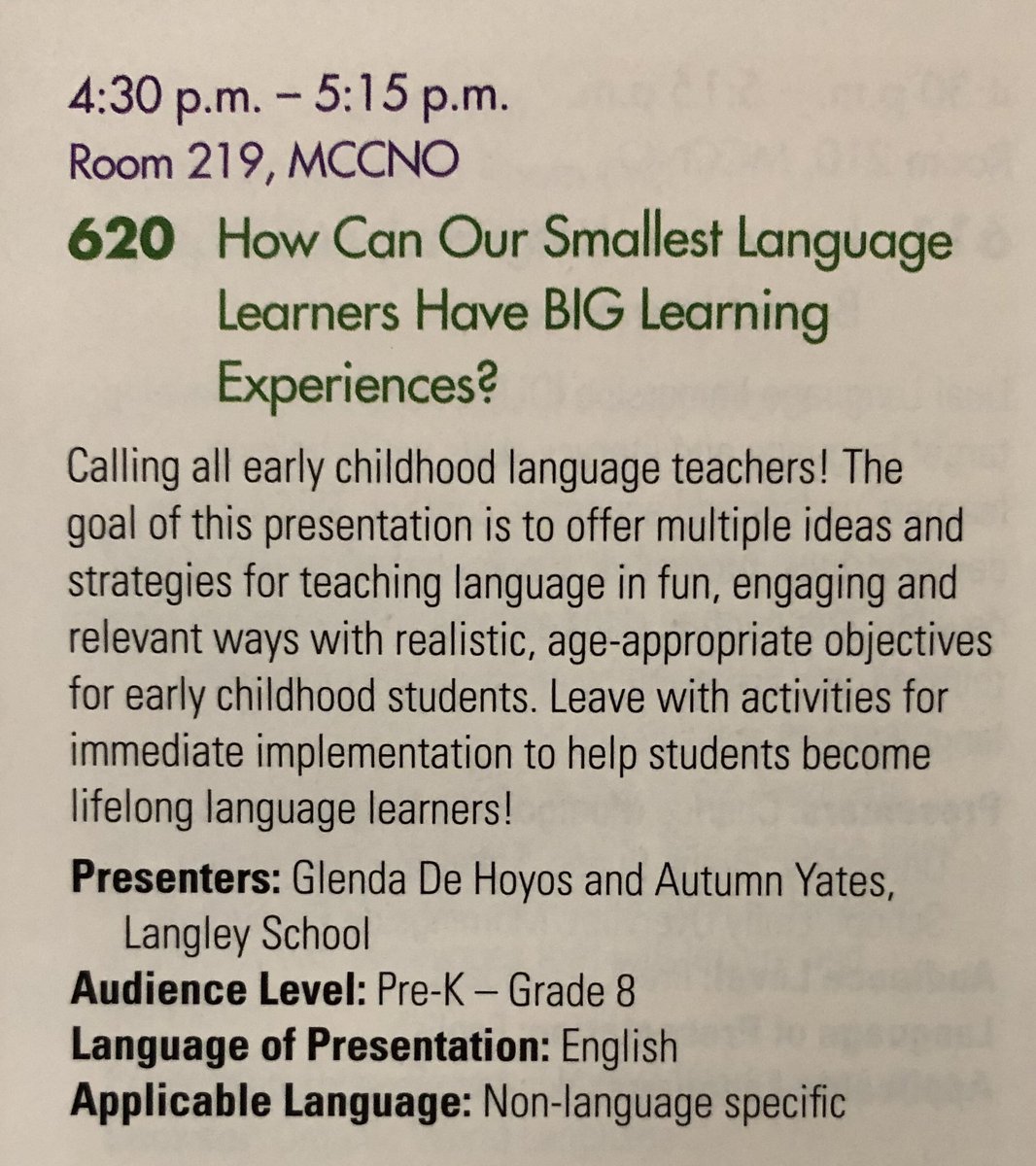glendadehoyos's tweet photo. Join us on Saturday at 4:30 to learn, connect &amp; discuss...
How Can Our Smallest Language Learners Have BIG Learning Experiences? 
#ACTFL18 #ACTFL2018 
#earlylang #languageeducator #worldlanguages #foreignlanguages https://t.co/GOVzNS8Rpv