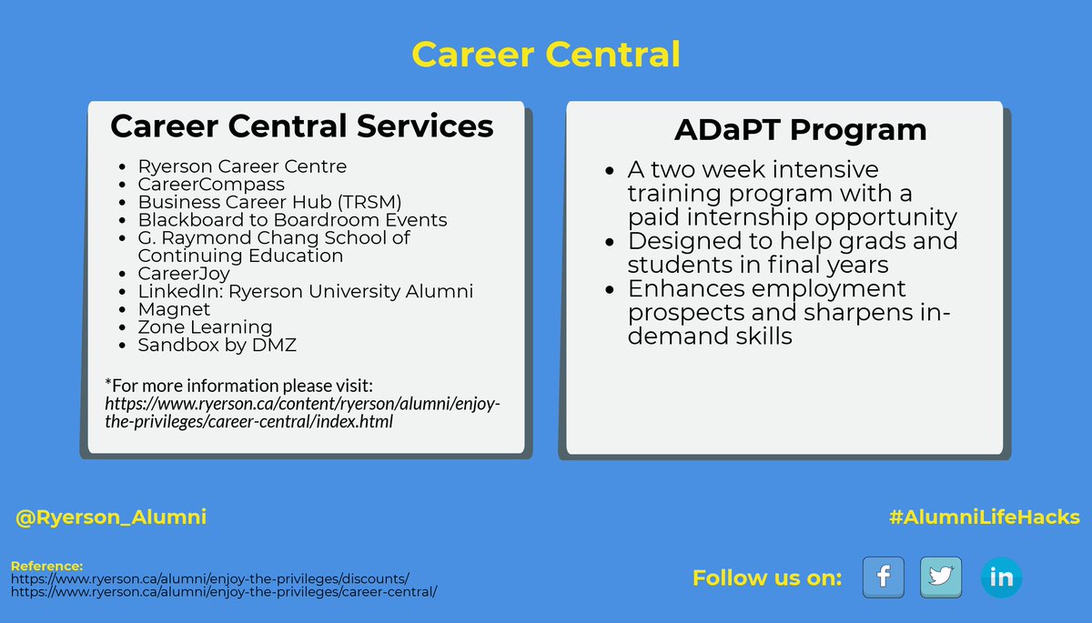 alumnitmu's tweet photo. Alumni, here's your one stop shop for all things related to career and professional development: our Career Central resources page! Your #RoadfromRyerson just got a whole lot easier: https://t.co/cQgfVc8x5o #AlumniLifeHacks @RyersonU https://t.co/5Vq0k5zOnr