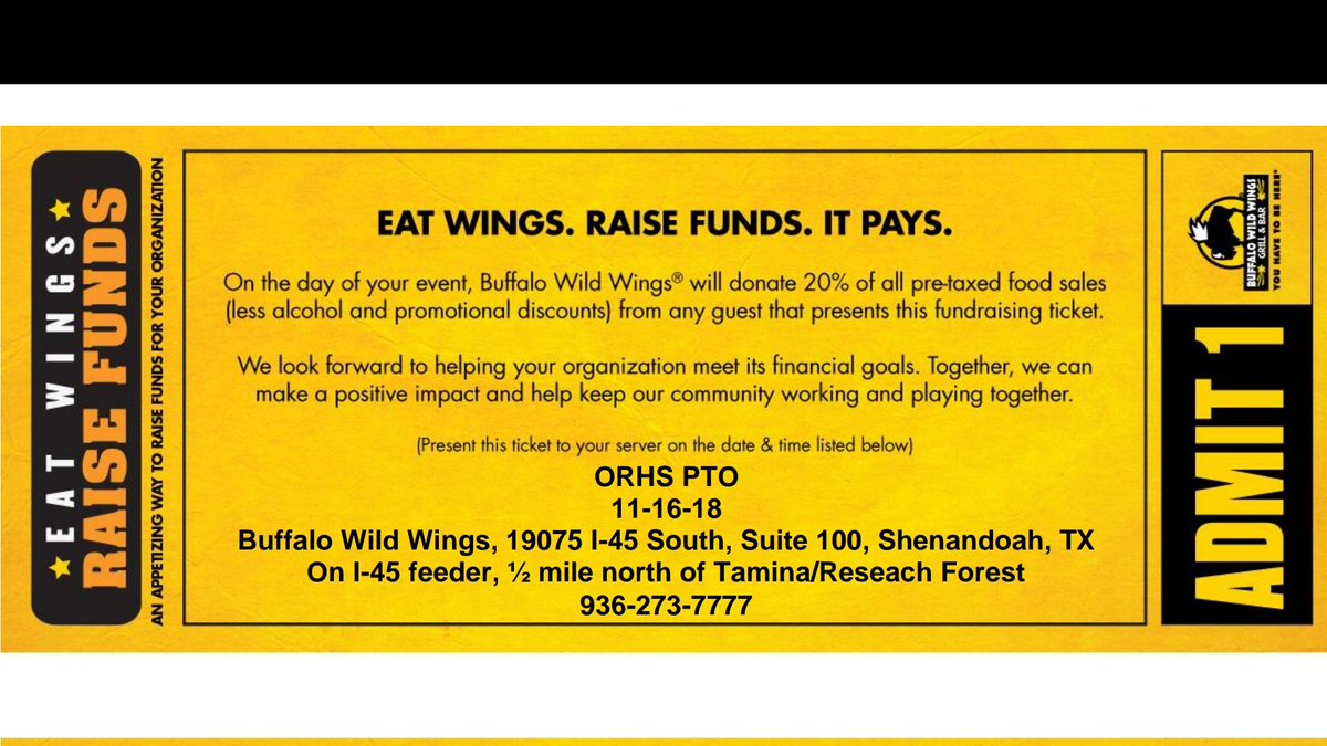 VernaL68's tweet photo. Grab some wings tomorrow night and show this flyer to your server to help the ORHS PTO raise money for our school. @ORWarEagles @ORHS9 @ORHSPTO @RidgeCounselors @or_studenthub https://t.co/WenCu7IIDN