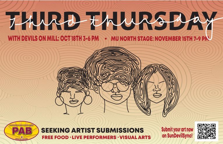 MUatASU's tweet photo. Join us tonight at Third Thursday and watch our student performers or take a look at our visual artwork from students. This month we will be partnering with Changemaker and making cards for veterans. https://t.co/iq5rucnbRl