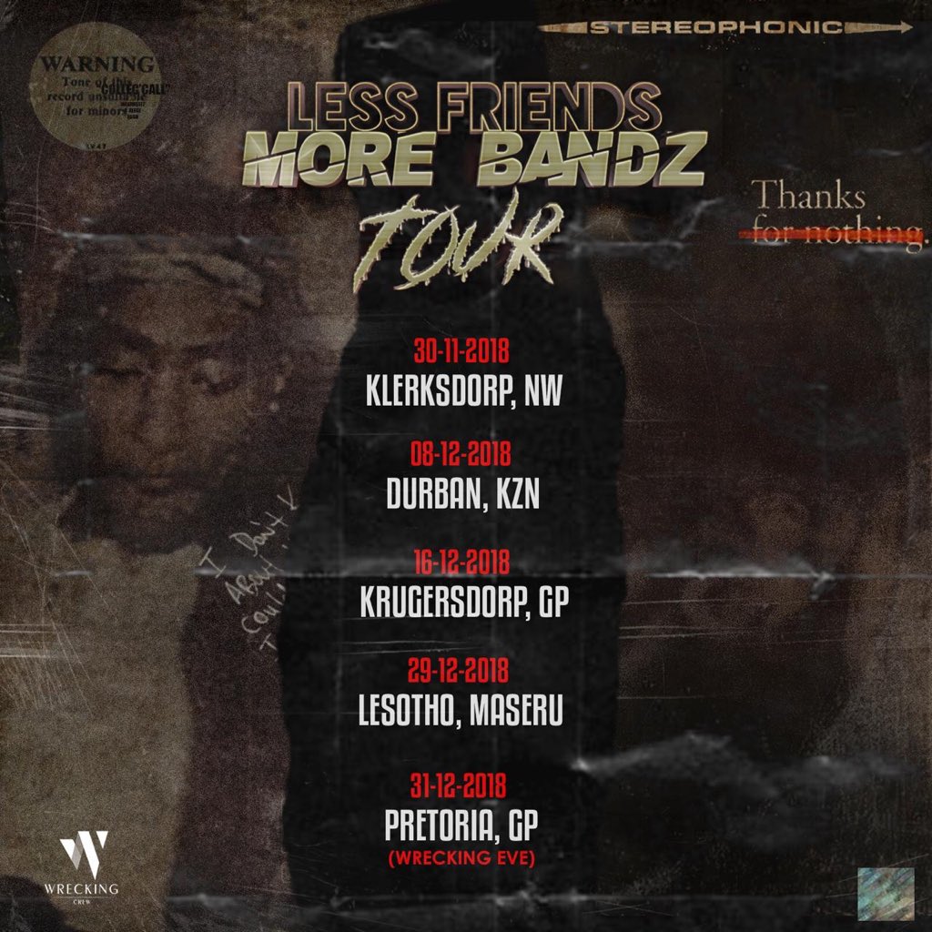 RUBBERBVNDGVNG's tweet photo. We officially announce our schedule for the LESS FRIENDS MORE BANDZ TOUR Dec 2018. ๐
Minus a few cities we have to legally/contractually wait to tell yโall about.
Most tickets ๐ซ go on sale Friday 23rd Nov on @Computicket.
#LFMB_Tour #LFMBTour https://t.co/0RJILWBZyp