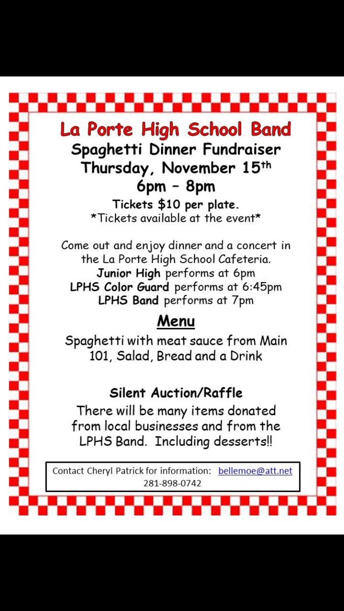 lpisd's tweet photo. #Dinner and a #concert for a good cause. Come dine with us. We’re here til’ 8 at La Porte HS. #bulldogband #lomaxband #lpjhband #LPproud #spaghetti https://t.co/l1V0ba8BVb