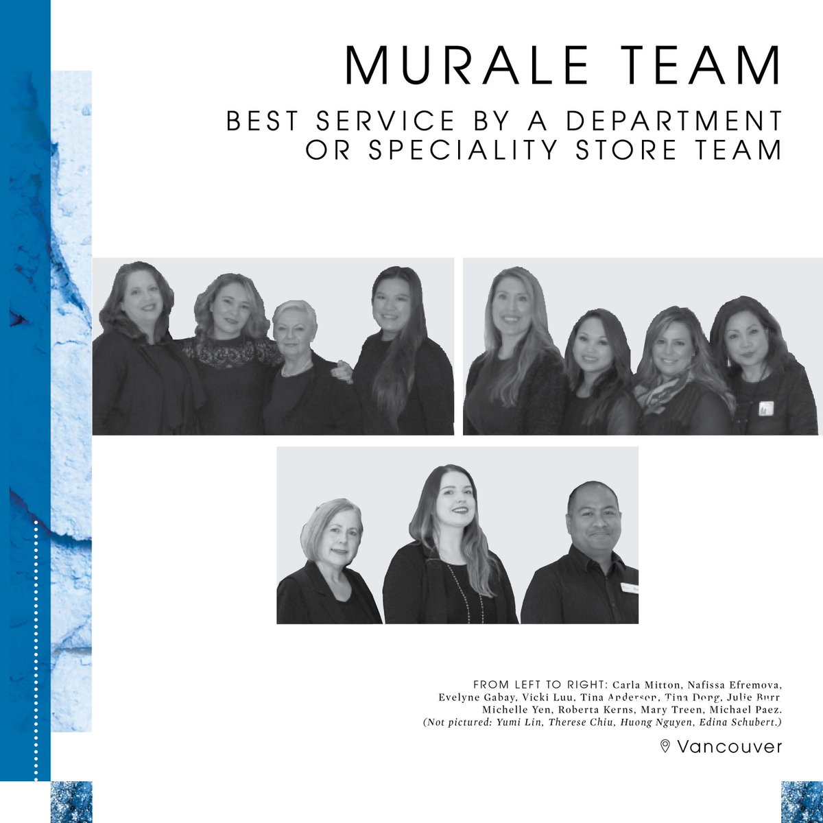 cosmeticsmag's tweet photo. Best Service by a team in a Department or Speciality Store goes to @Murale Vancouver! Congrats to the team!! #COSAawards https://t.co/hVWo6QDAIc