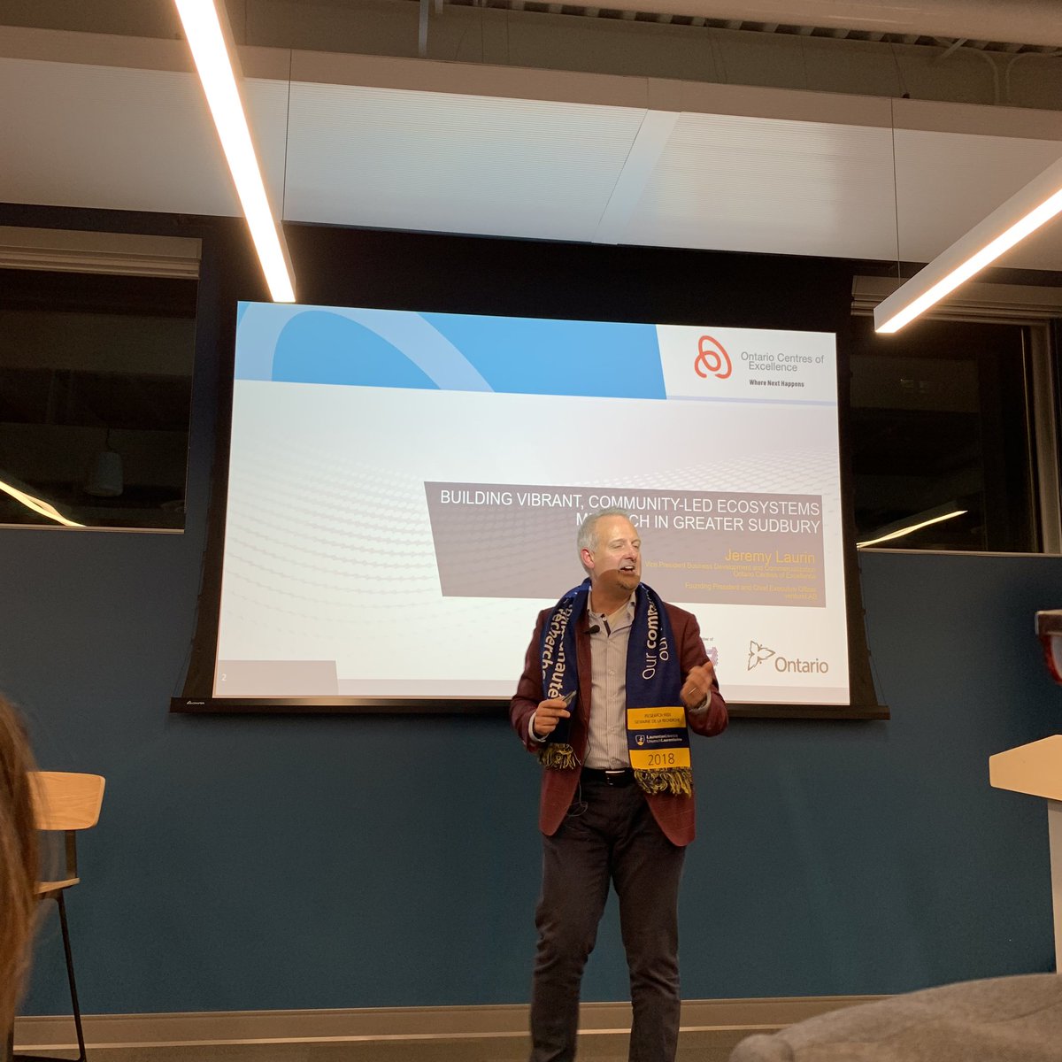 NORCAT's tweet photo. Tonight’s keynote speaker @JeremyLaurinOCE, VP at @OCEinnovation, uses his experience building a #medtech cluster at @ventureLABca to explore how #Sudbury can continue to grow its burgeoning #techindustry. #IGS2018 https://t.co/0eRx1h0aJh