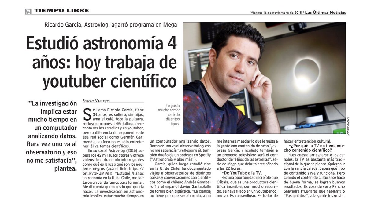 Entrevista en <a href="/lun/">Las Últimas Noticias</a> a <a href="/astrovlog/">Ricardo García Soto</a>, conductor del nuevo programa de Mega <a href="/HijosEstrellas/">Hijos de las Estrellas</a>. Se estrena este sábado a las 10 am, ¡no se lo pierdan! lun.com/lunmobileiphon…