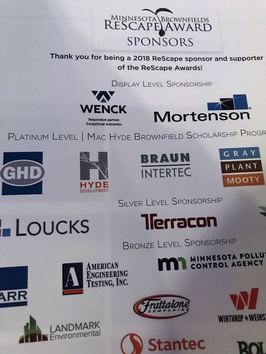 SpisakScott's tweet photo. Proud to be a part of the these great sponsors at #ReScapeAwards #MnBrownfields https://t.co/sArPNb1ydH