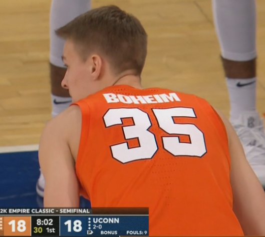 ChetDavisCBS6's tweet photo. If you think Buddy Boeheim gets preferential treatment because he's the coach's son...think again.

Syracuse spelled his name wrong on the back of his jersey 😂 https://t.co/26la1C19gp