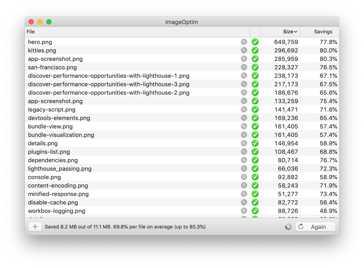 Screenshot of ImageOptim image optimisation in progress