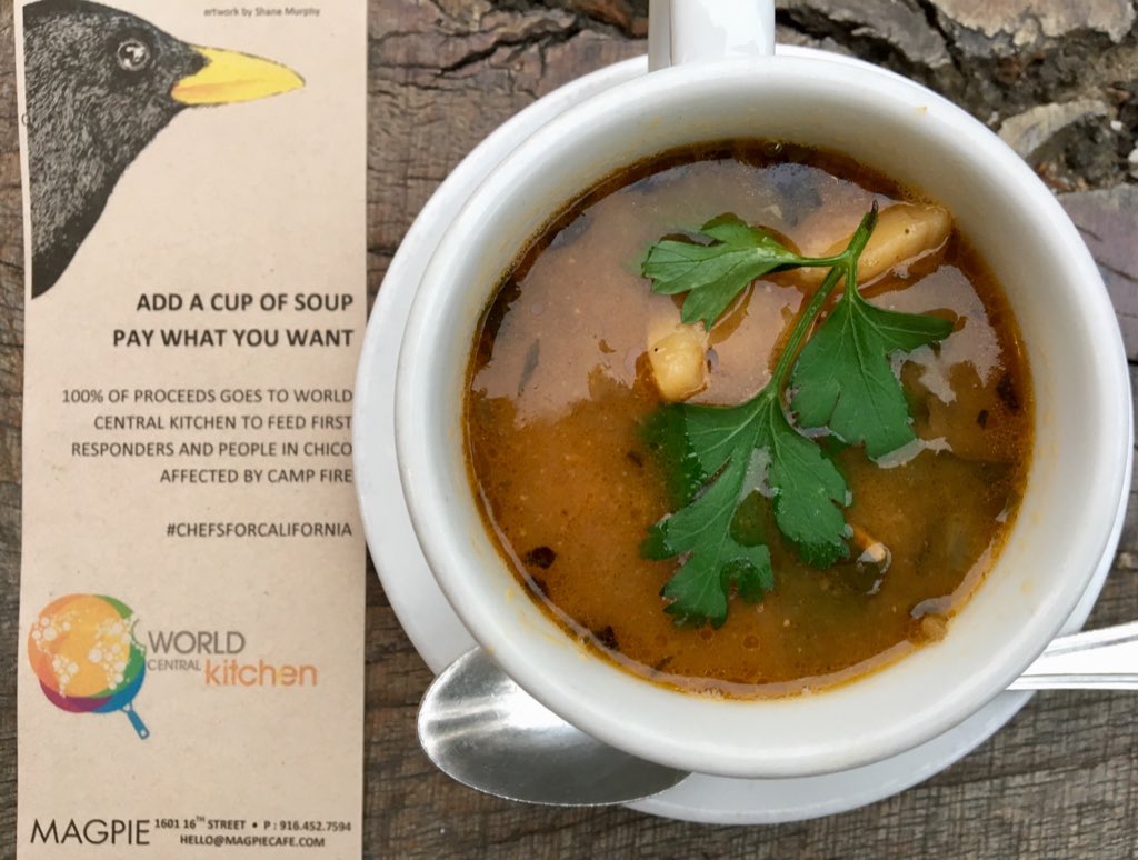 Add a cup of soup. Pay what you want. We will donate all proceeds to @WCKitchen to help feed the people affected by #campfire #ChefsForCalifornia thank you @chefjoseandres for founding a way for industry people to be helpful.