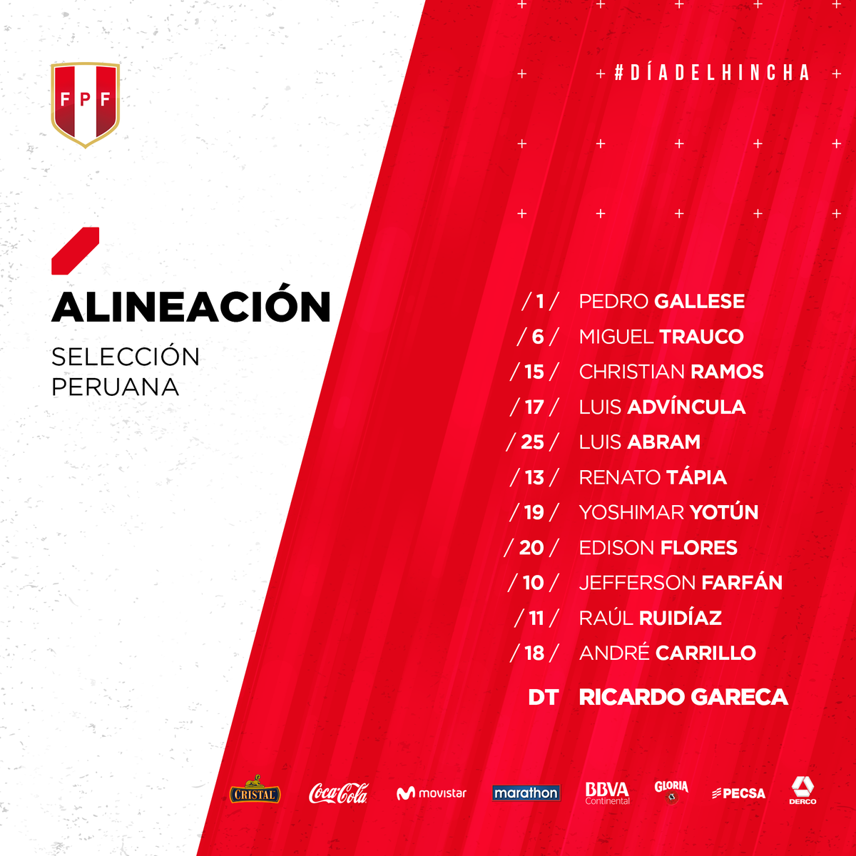 SeleccionPeru's tweet photo. La @SeleccionPeru 🇵🇪 saldrá a enfrentar a @FEFecuador 🇪🇨 en el #DiaDelHincha con este once inicial. #LaMejorHinchada del mundo los espera. https://t.co/7K23tWDiZD