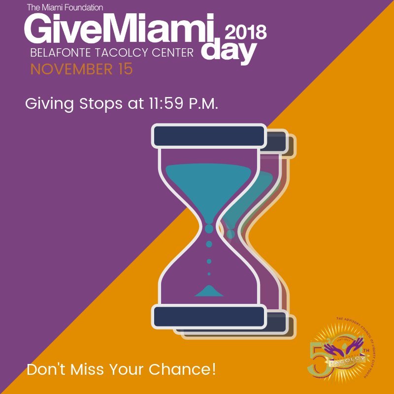 tacolcy's tweet photo. 4 Hours to Give...we can still do this!! #GiveMiamiDay #TACOLCY #PhilanthropyDay #GivingDay https://t.co/E8t3ziYNtI