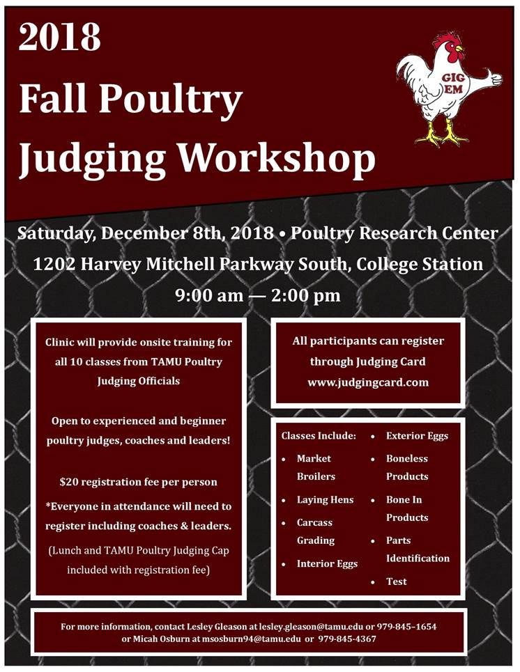 Texas4H's tweet photo. Don't miss out on the combined TAMU Poultry Judging clinic for coaches, leaders and judgers on Dec. 8th! Registration must be completed at https://t.co/zcDqpjVxFS by 5 PM on Nov 30th. #poultryjudging #TAMU #texas4h https://t.co/rvMG8XiNc8