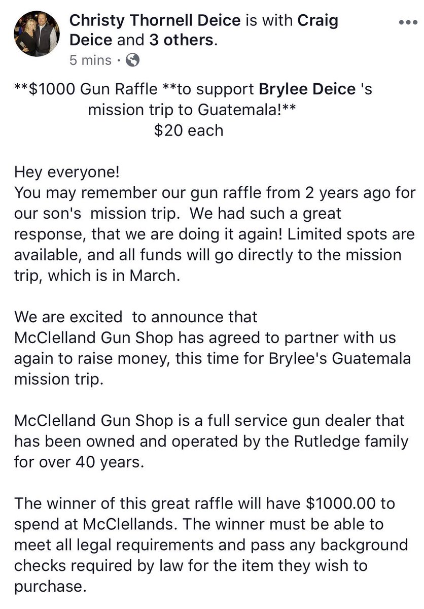 bryleedeice_'s tweet photo. hey everyone! we are raffling a $1000 gun shopping spree to help raise money for my mission trip to Guatemala!! spots are limited so if you would like one dm me! :)) https://t.co/94LdaK0Gue