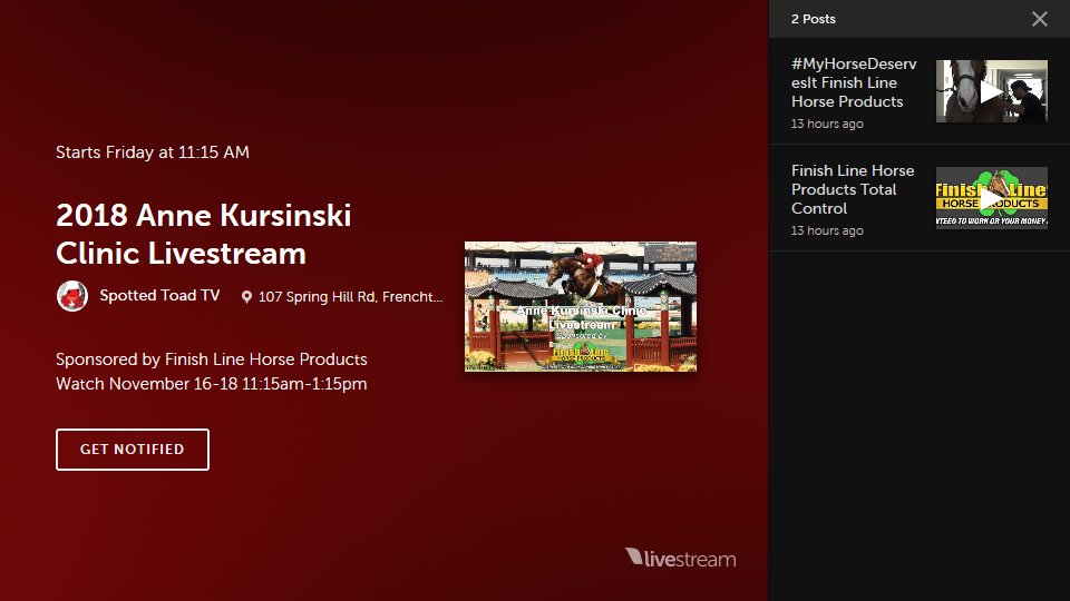AnneKursinski's tweet image. Watch Anne Kursinski's Market Street Clinic Friday-Sunday Sponsored by Finish Line® Horse Products! livestream.com/SpottedToadTV/… - mailchi.mp/spottedtoaddes…