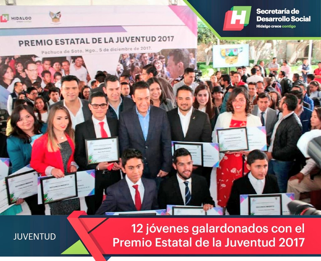 Bienestar_Hgo's tweet photo. El @gobiernohidalgo valora el trabajo destacado y la dedicación de la juventud hidalguense en distintos ámbitos, por ello fueron galardonados con en el Premio Estatal de la Juventud 2017. https://t.co/hEa9yRTume