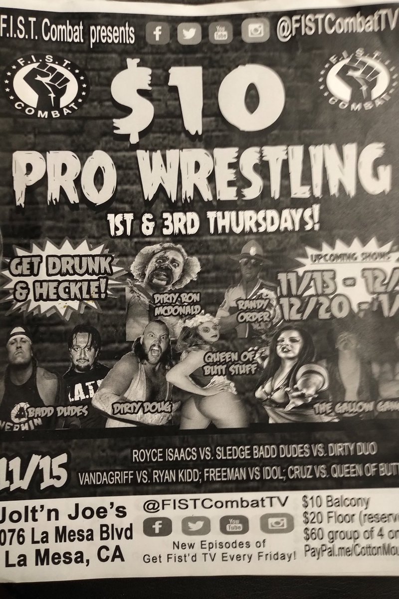 EricSabbat's tweet photo. @FISTCombatTV is happening TONIGHT at Jolt N Joes in LA Mesa. Come down for some of the craziest wrestling in SoCal! Doors are at 7, come support your local indy wrestlers. https://t.co/1gwzTpT4lp