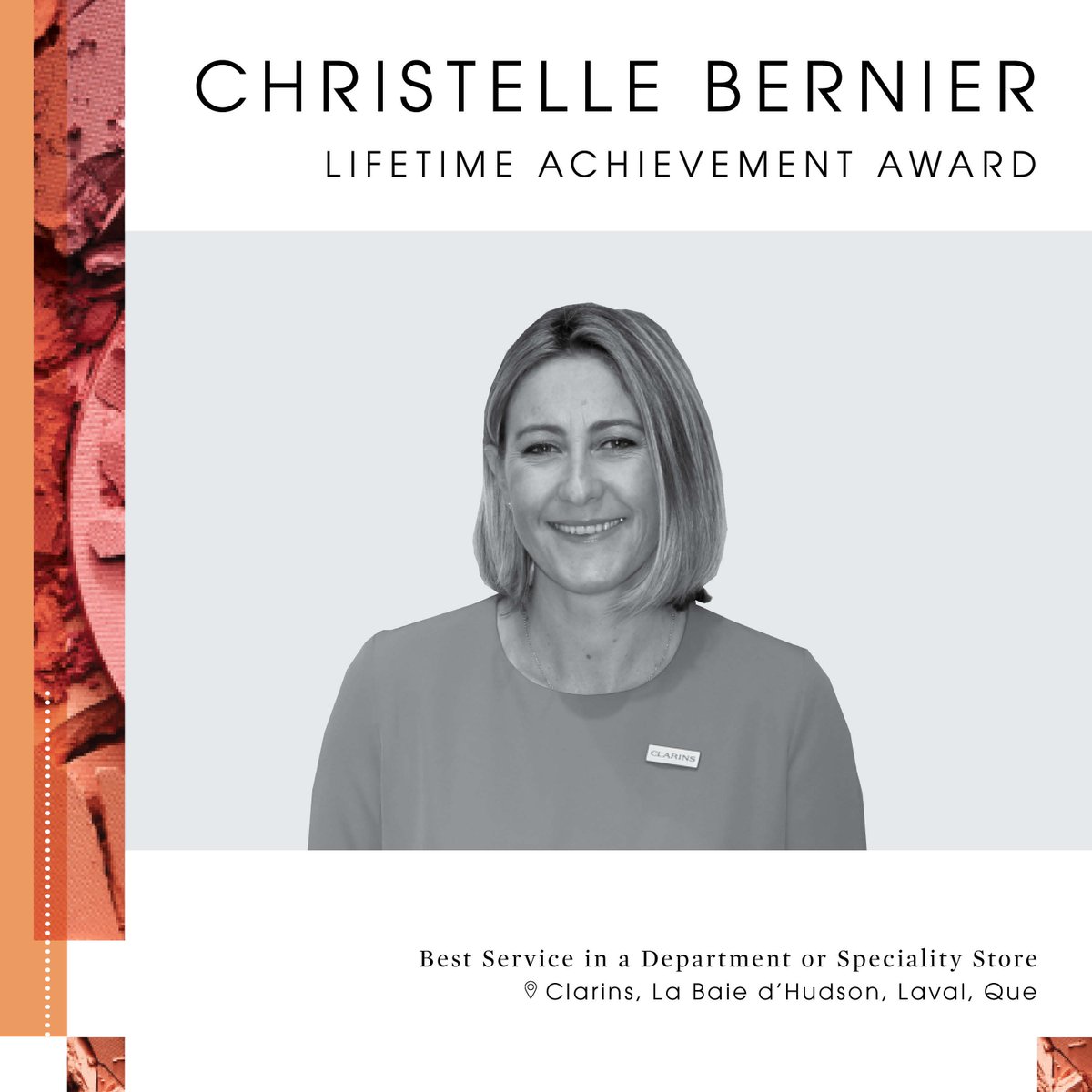 cosmeticsmag's tweet photo. Congratulations to Christelle Bernier on her win for Lifetime Achievement in a Department or Specialty Store @ClarinsCanada at @HudsonsBay_Co in Laval. #COSAawards https://t.co/u5Aq21E7An