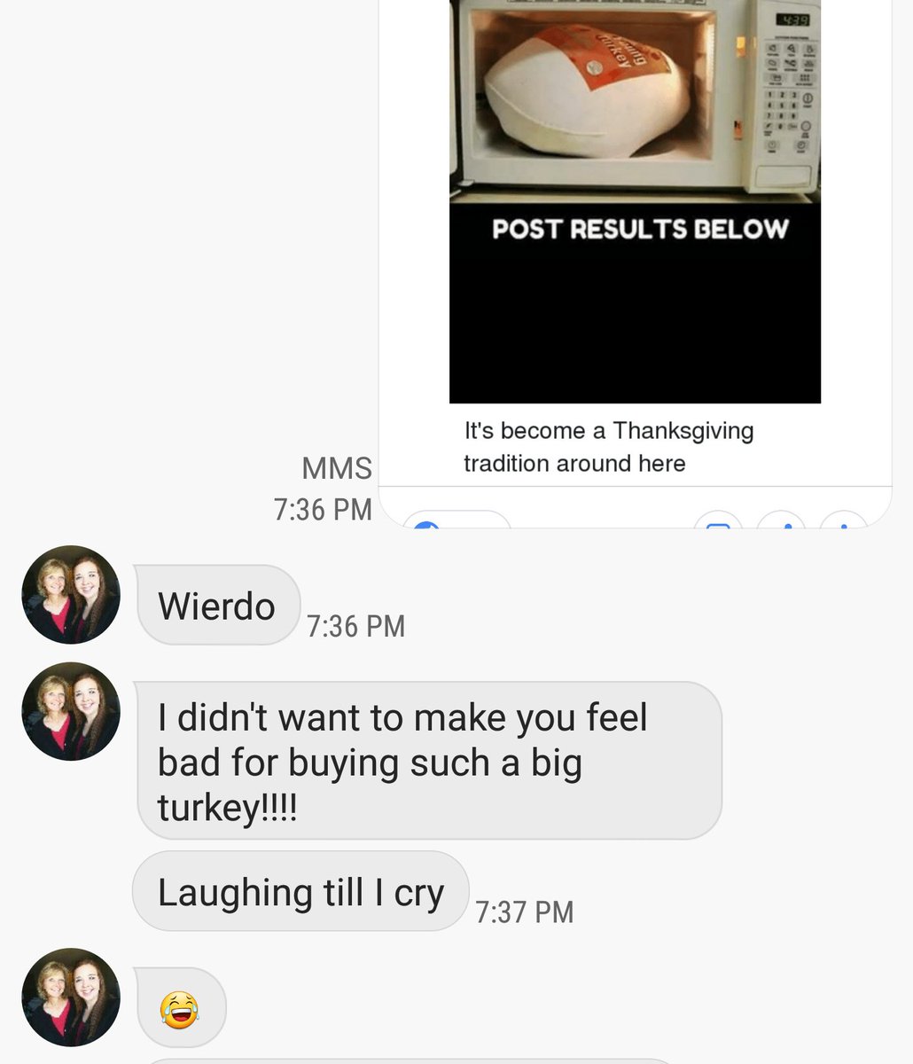 rileymarnold's tweet photo. So mom, how long does it take to microwave a 25 lb turkey?
"I didn't want to make you feel bad for buying such a big turkey" https://t.co/WFeB4MKUDO