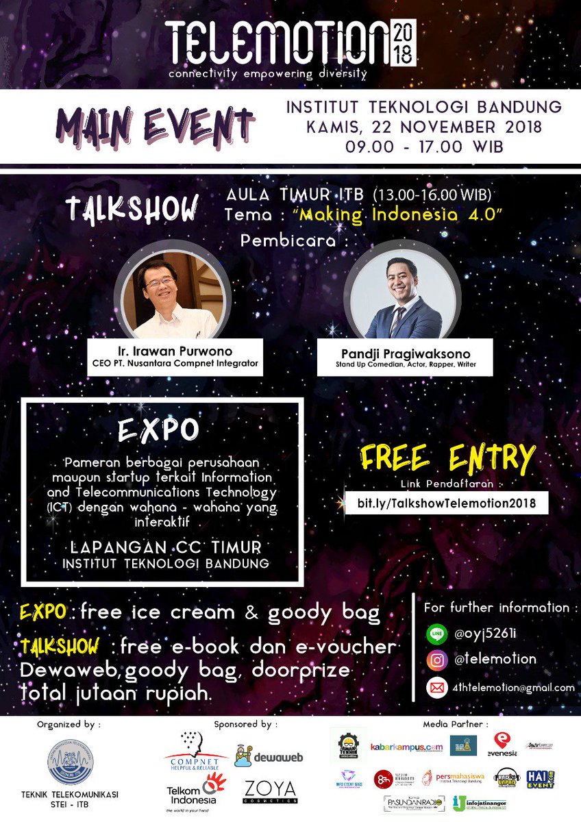 evenesia's tweet photo. [IMT "SIGNUM" ITB]
PROUDLY PRESENT
The 4th TELEMOTION 2018
"Connectivity Empowering Diversity"
📆 22 November 2018
📍Aula Timur, Institut Teknologi Bandung
📍Lapangan CC Timur, Institut Teknologi Bandung
Rangkaian Acara:
- TALKSHOW 
- EXPO
Register here : https://t.co/syU8Kc1pMZ https://t.co/NmEO8KBW0D