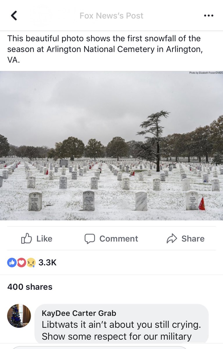 OldFighting's tweet image. Just taking in this beautiful serene photo of the first snow at Arlington National Cemetery that Fox News shared and then BAM!! KayDee hits us hard with the Libtwats insult. So much for that peaceful moment, #libtwats! 

facebook.com/15704546335/po…