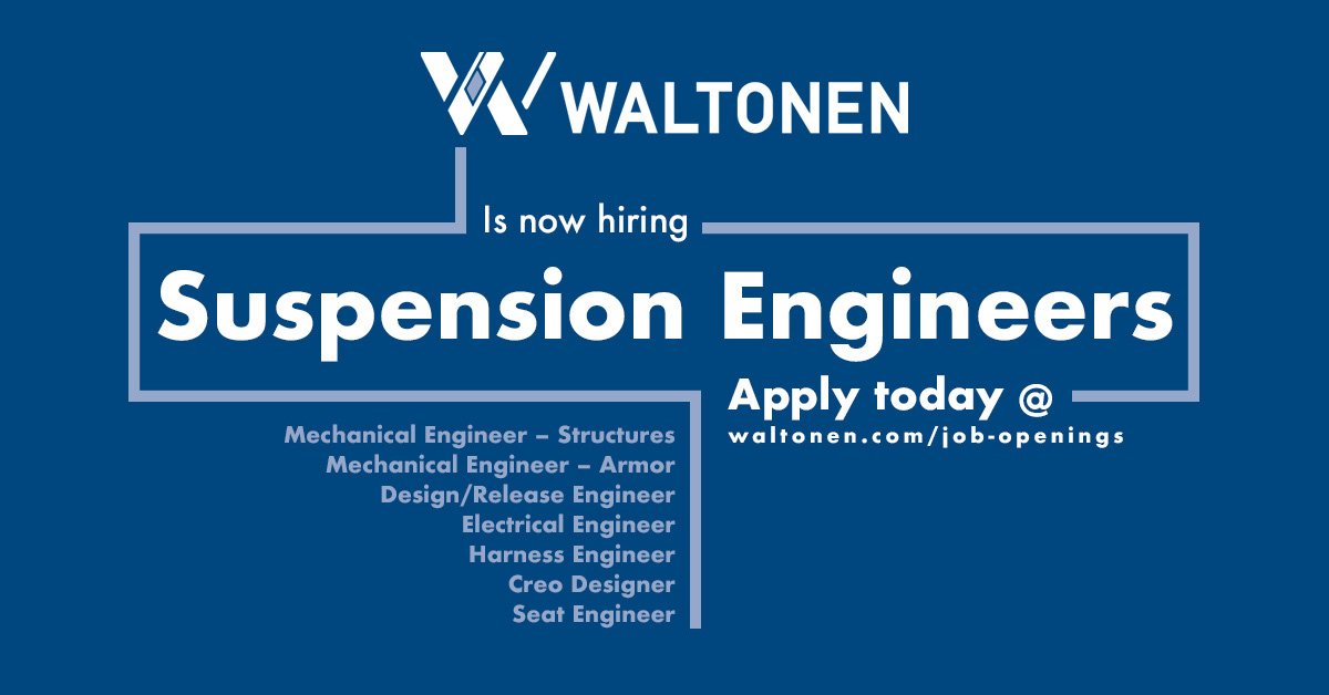 WaltonenEng's tweet photo. Waltonen is now hiring a Suspension Engineer. Apply now at: 
https://t.co/3wKK1o77KH https://t.co/8pf15ai42W