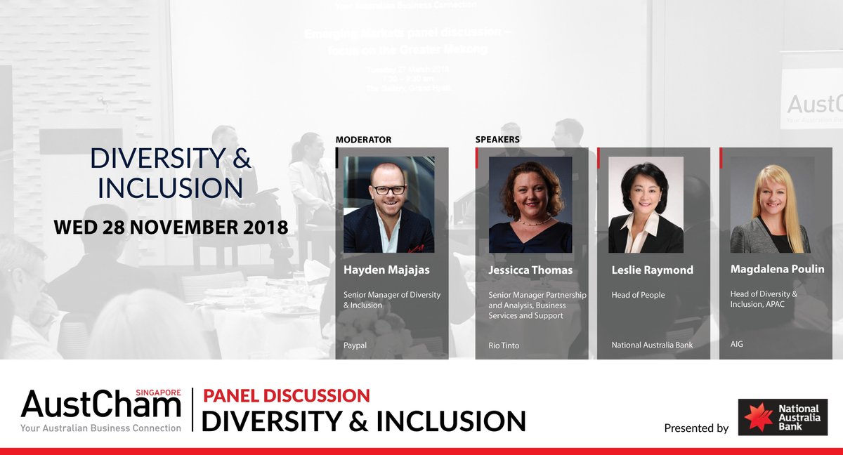AustChamSG's tweet image. In 2 weeks: Don't miss our upcoming panel discussion focusing on diversity &amp;amp; inclusion strategies in the workplace. We're bringing together a panel of experts to talk about the opportunities that come from implementing the right policies, and how these can benefit organisations.