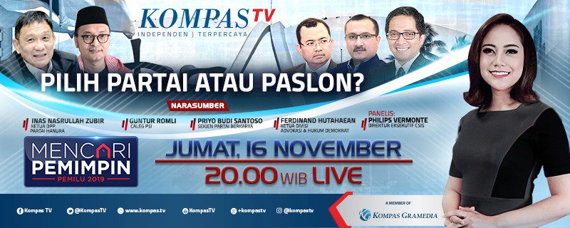 KompasTV's tweet photo. Yuk ikuti perbincangan seru tentang geliat dan siasat parpol dalam #MencariPemimpin episode Pilih Partai atau Paslon, sesaat lagi. 

Live streaming: https://t.co/3ITaXlB0Xq https://t.co/jZ4HAFF22p
