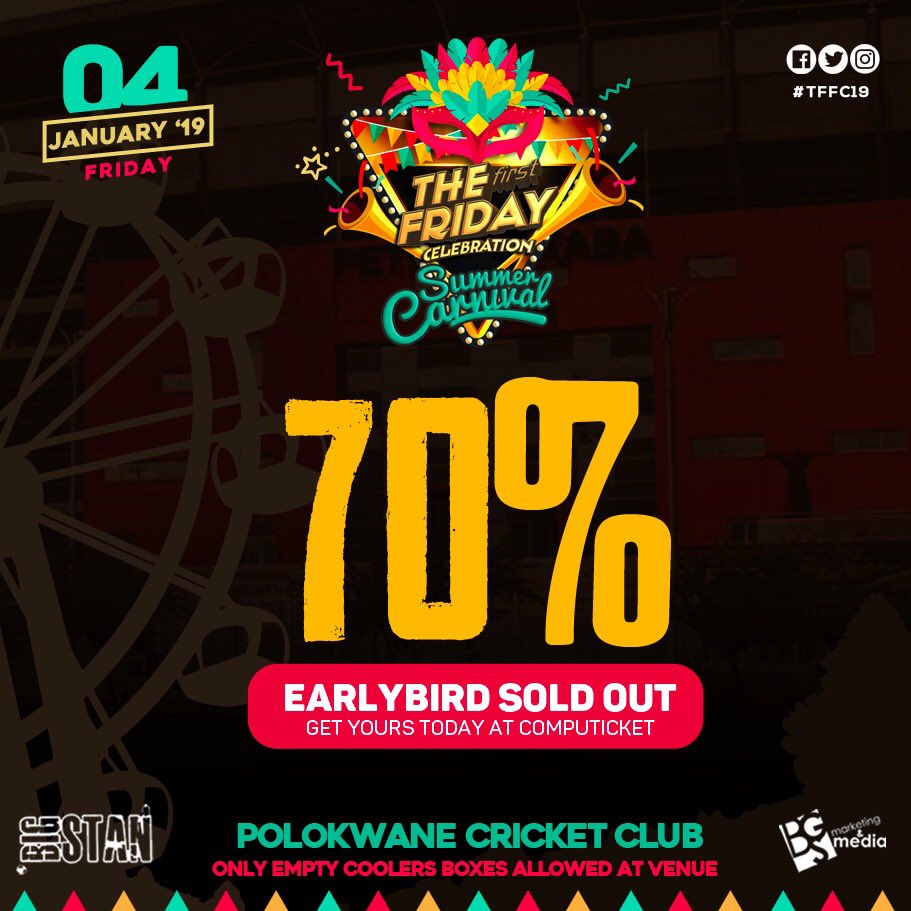 TheFirstFridayC's tweet photo. #TFFC19 early bird officially 70% sold out !!!!!!!! Please get your early bird tickets today and avoid Disappointments!!!!!!!!!! 

Lineup dropping 26th November at 10am !!!!!
#TFFC19 
#KingParty https://t.co/MqmFkFBmcb