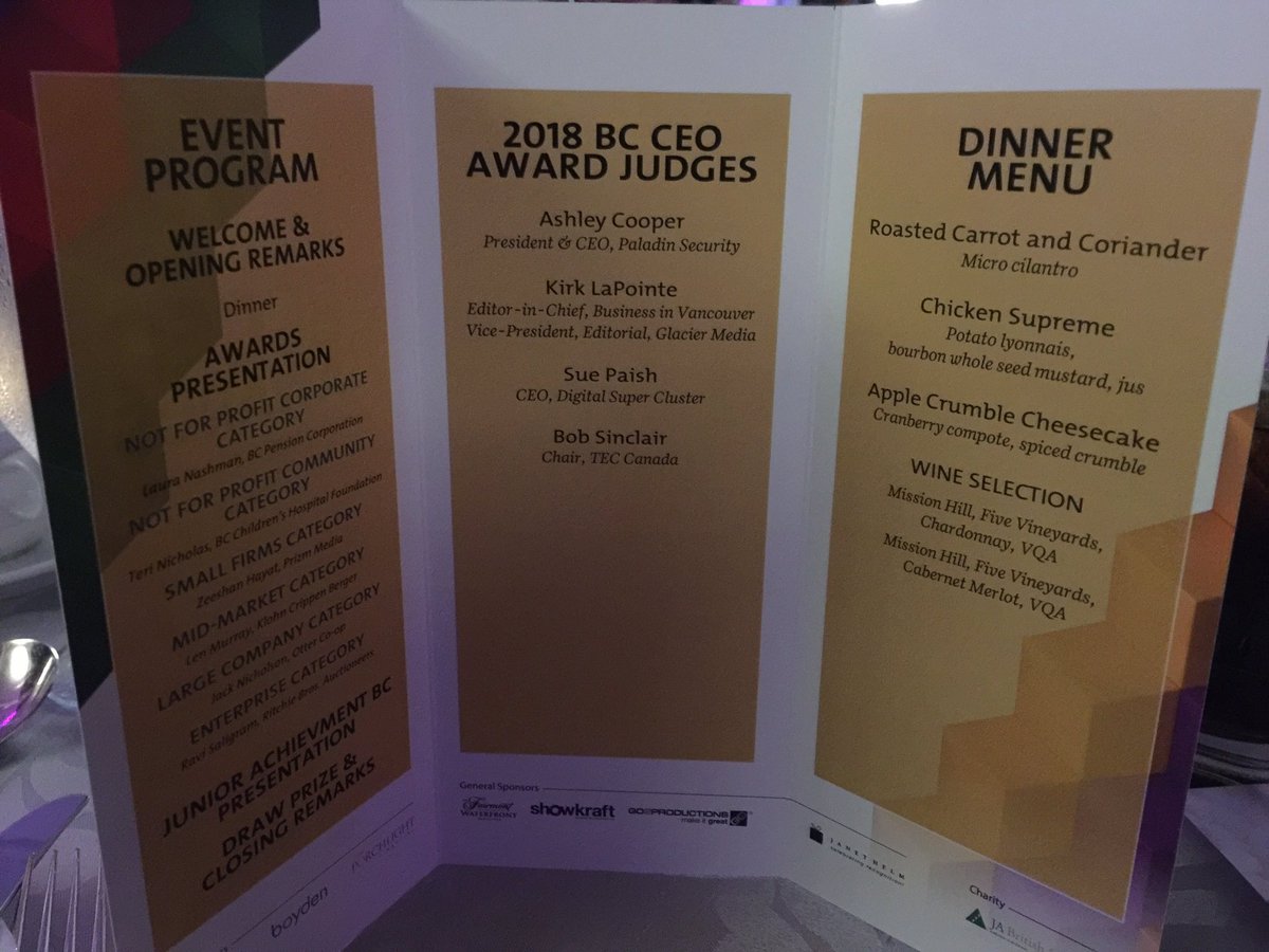 sfpremises's tweet photo. Great BC Leaders and good food at the #bcceo2018 awards. Keep the vision and thought leadership alive. Congrats to all the winners. https://t.co/Rev3aTNzlg