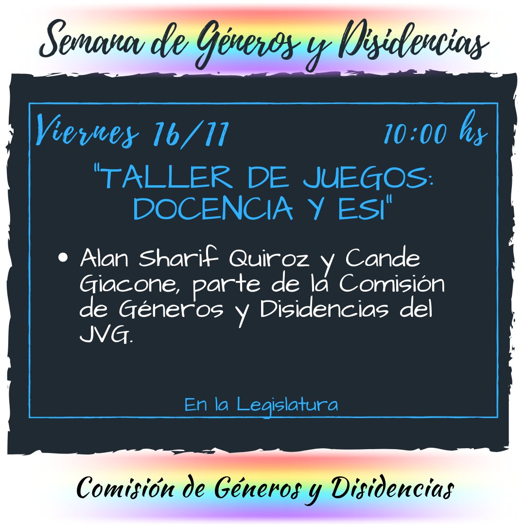 generojvg's tweet photo. 💙AGENDA: VIERNES 16/11❤🧡💛💚💙💜
✨ 10:00 hs.: Taller de Juegos: Docencia y Educación Sexual Integral
✨ 18:00 hs.: Teatro Diverso.
✨ Al finalizar el teatro: Taller drag, de maquillaje y glitterazo.

#semanadelorgullo #marchadelorgullo #orgulloba #orgullo #prideweek https://t.co/sgXDktCsOj